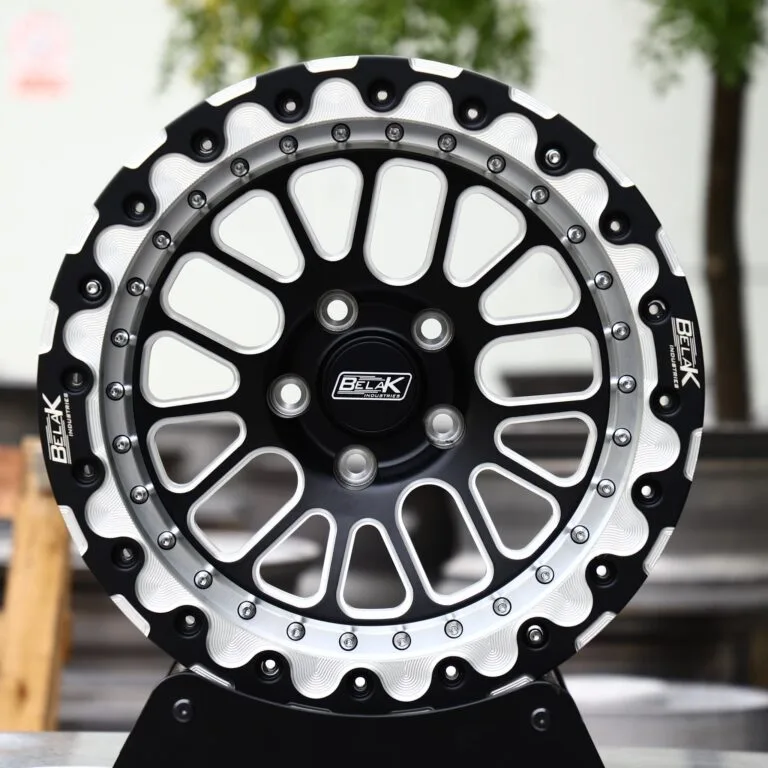 Belak-Style Gloss Black Milled 12 Y-Spoke Beadlock Forged Drag Racing Wheels – Ford Mustang / Chevrolet Corvette, front view