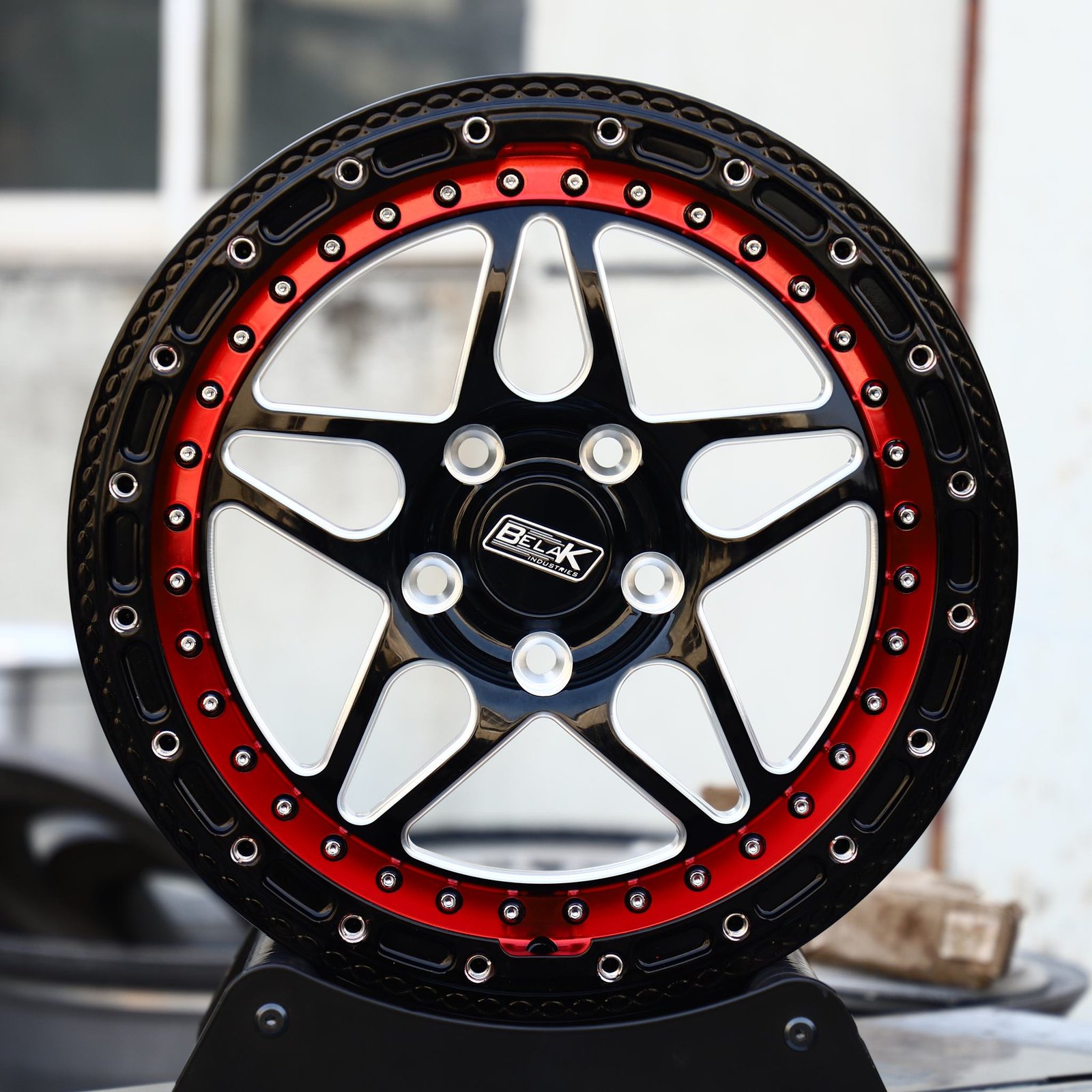 Ford Mustang wheels – Belak Industries 10-Spoke Mesh Mirror Milled Beadlock, front view