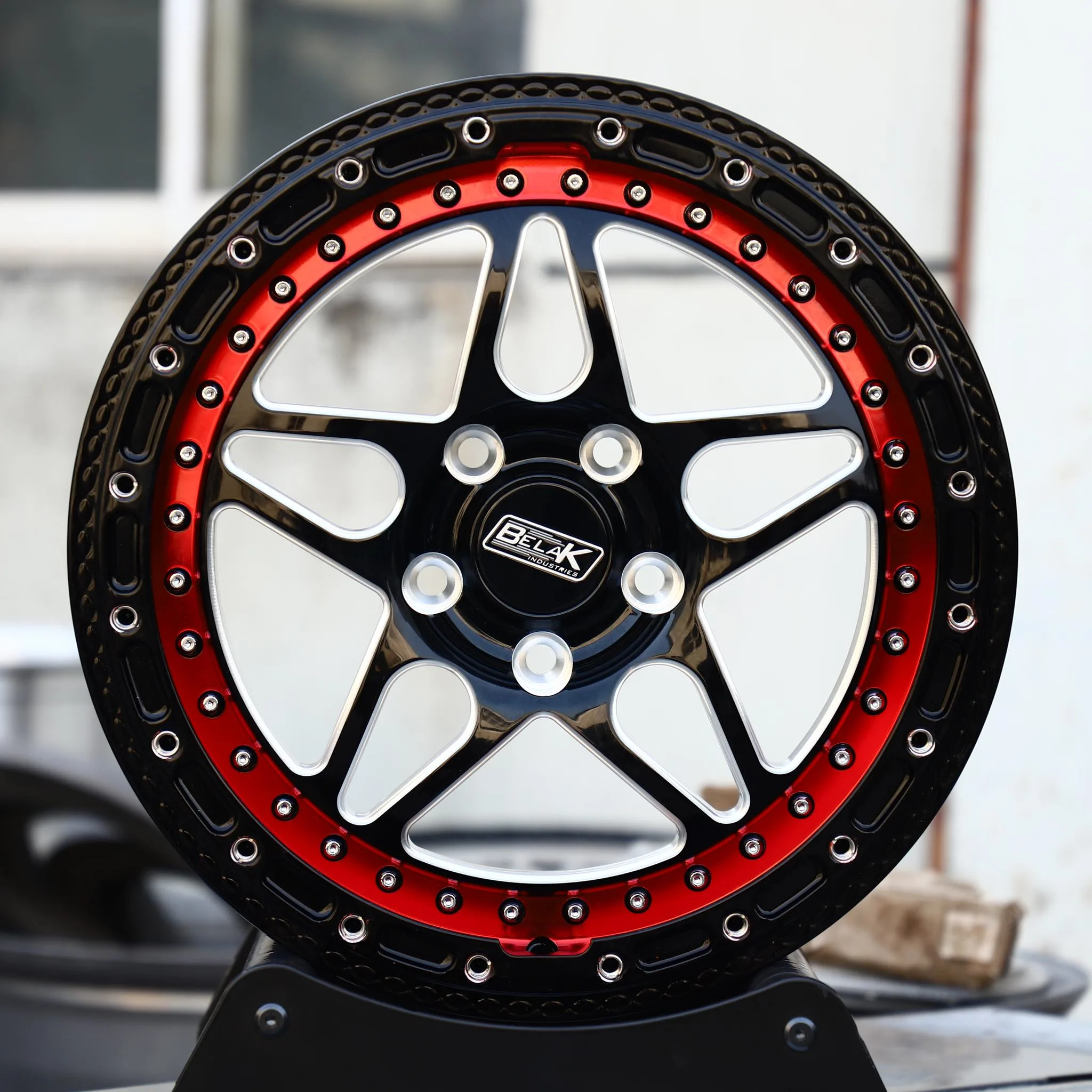 Ford Mustang wheels – Belak Industries 10-Spoke Mesh Mirror Milled Beadlock, front view