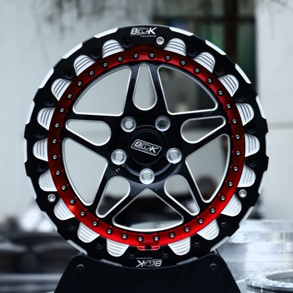 Ford Mustang wheels – Gloss Black Machined 12-Spoke Red-Ring Beadlock (Belak-Style), front view