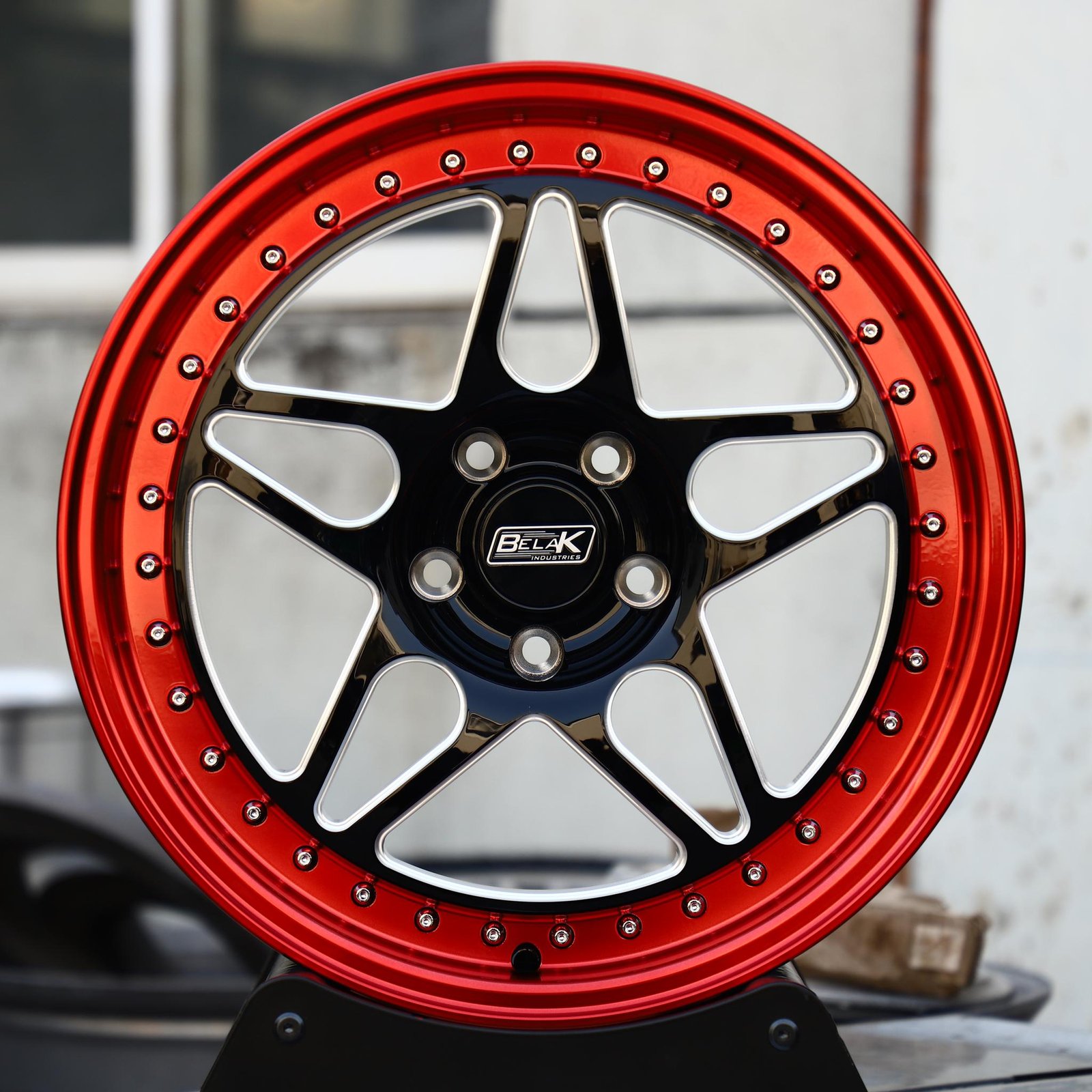 Ford Mustang wheels – Belak Industries 2-Piece 10-Spoke Mesh Deep Lip Mirror Milled, front view