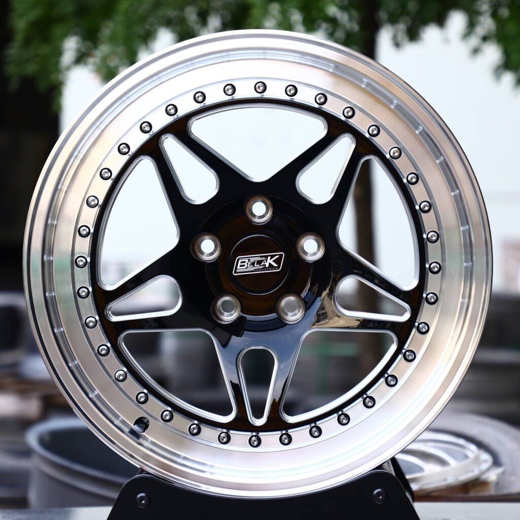 Ford Mustang wheels – Belak Industries 2-Piece 5-Spoke Beadlock Mirror Milled, front view