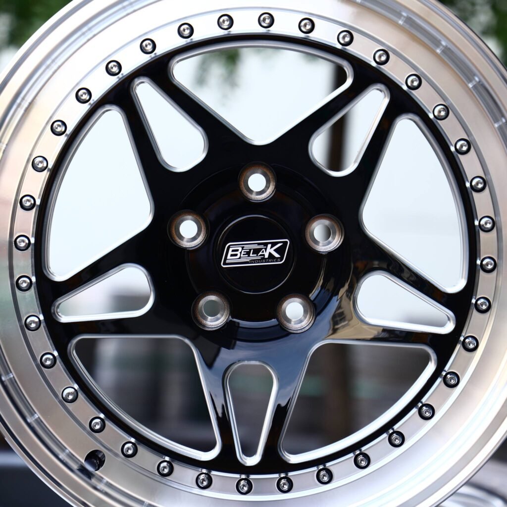 Dodge Challenger wheels – Belak Industries 2-Piece 5-Spoke Beadlock Mirror Milled, lip and barrel detail