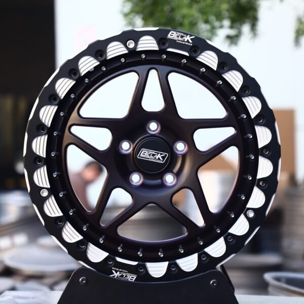 Ford Mustang wheels – Gloss Black / Purple 5-Spoke Beadlock (Belak-Style), front view