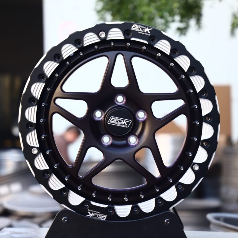Ford Mustang wheels – Belak Industries Gloss Black / Purple 5-Spoke Beadlock, front view