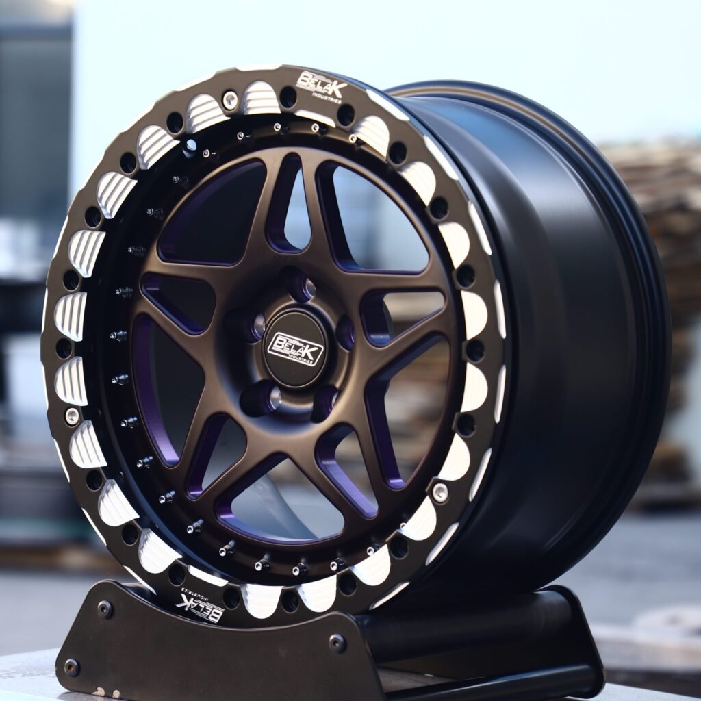 Chevrolet Corvette wheels – Belak Industries Gloss Black / Purple 5-Spoke Beadlock, angled view