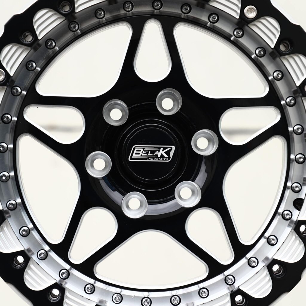 Chevrolet Silverado wheels – Gloss Black / Machined 5 Split-Spoke Beadlock (Belak-Style), angled view