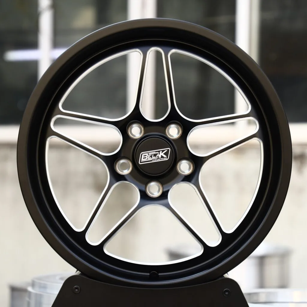 Ford Mustang wheels – Gloss Black / Machined 5 Split-Spoke (Belak-Style), front view