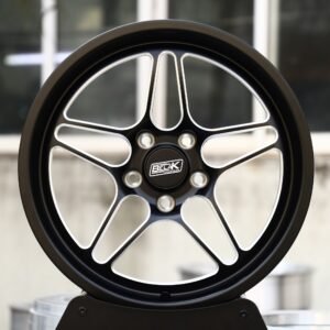 Belak-Style Gloss Black / Machined 5 Split-Spoke Forged Drag Racing Wheels – Ford Mustang / Chevrolet Corvette Fitment (5-Lug)