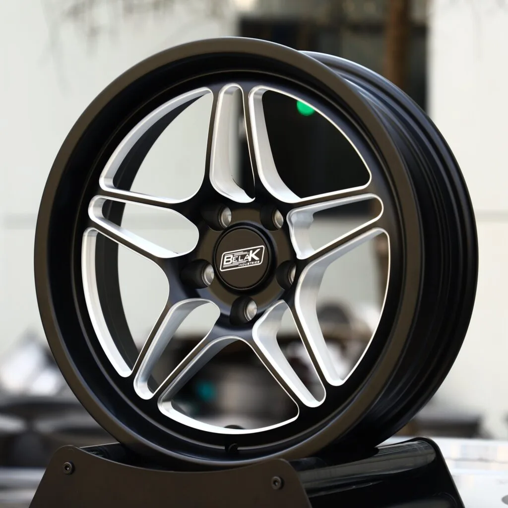 Chevrolet Corvette wheels – Gloss Black / Machined 5 Split-Spoke (Belak-Style), angled view