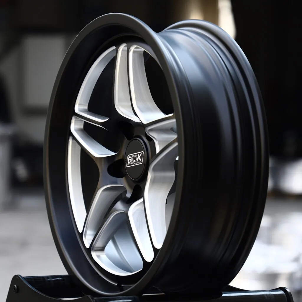 5x114.3 wheels – Gloss Black / Machined 5 Split-Spoke (Belak-Style), side view