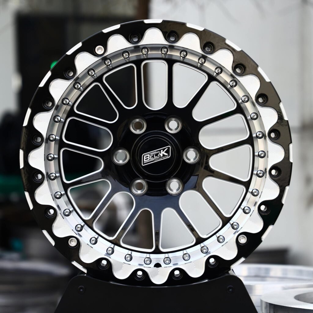 Ford Mustang wheels – Gloss Black / Machined Mesh Beadlock (Belak-Style), front view
