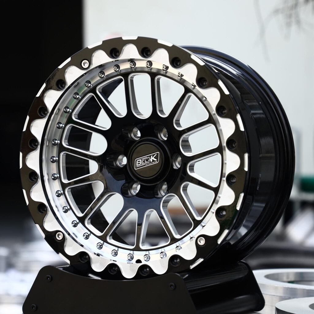Chevrolet Corvette wheels – Gloss Black / Machined Mesh Beadlock (Belak-Style), angled view