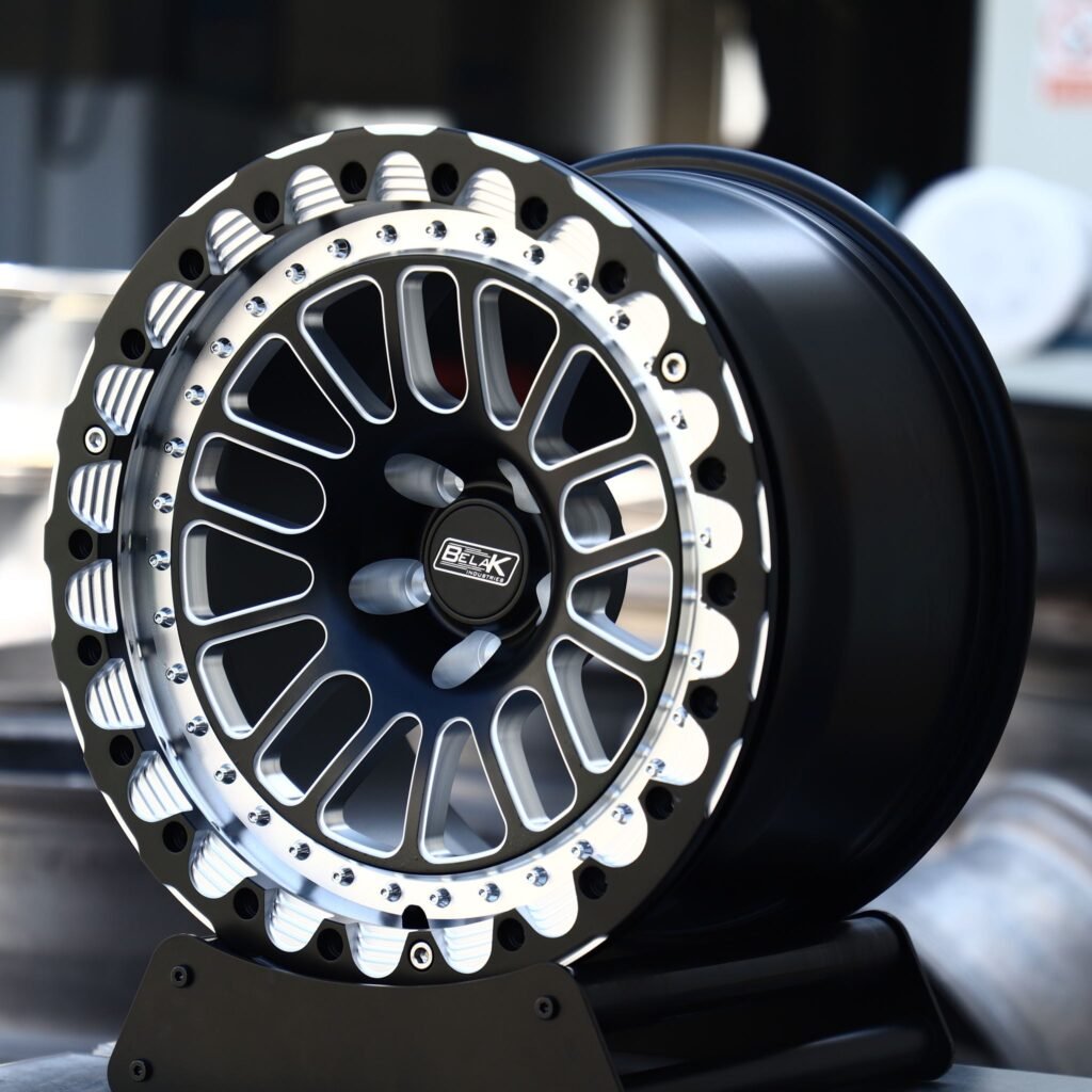 Chevrolet Corvette C7 wheels – Gloss Black / Machined Mesh Beadlock (Belak-Style), angled view