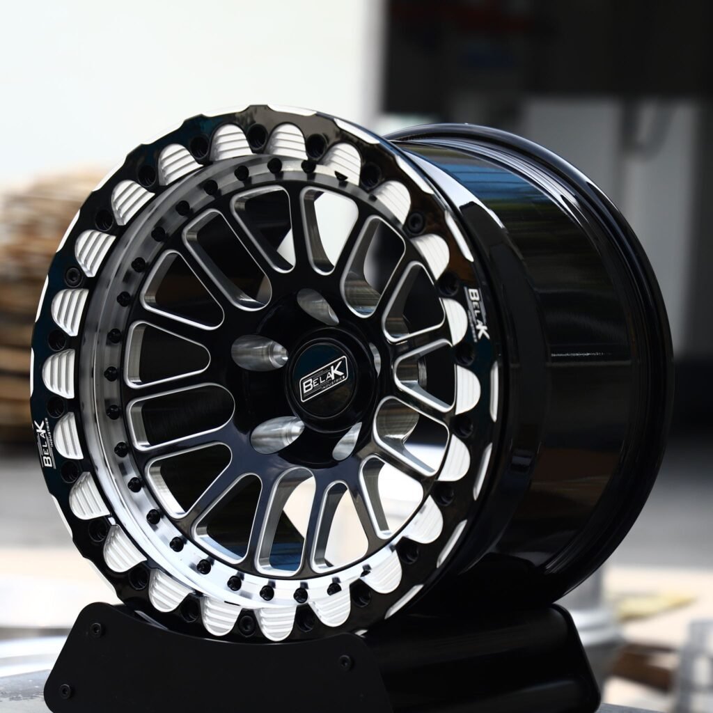 Chevrolet Corvette C7 wheels – Gloss Black / Machined Mesh Beadlock (Belak-Style), angled view