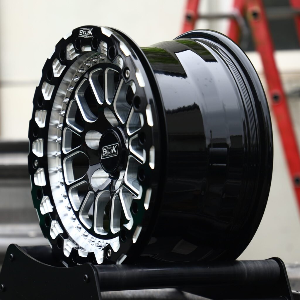 5x114.3 wheels – Gloss Black / Mirror Milled Mesh Beadlock (Belak-Style), side view