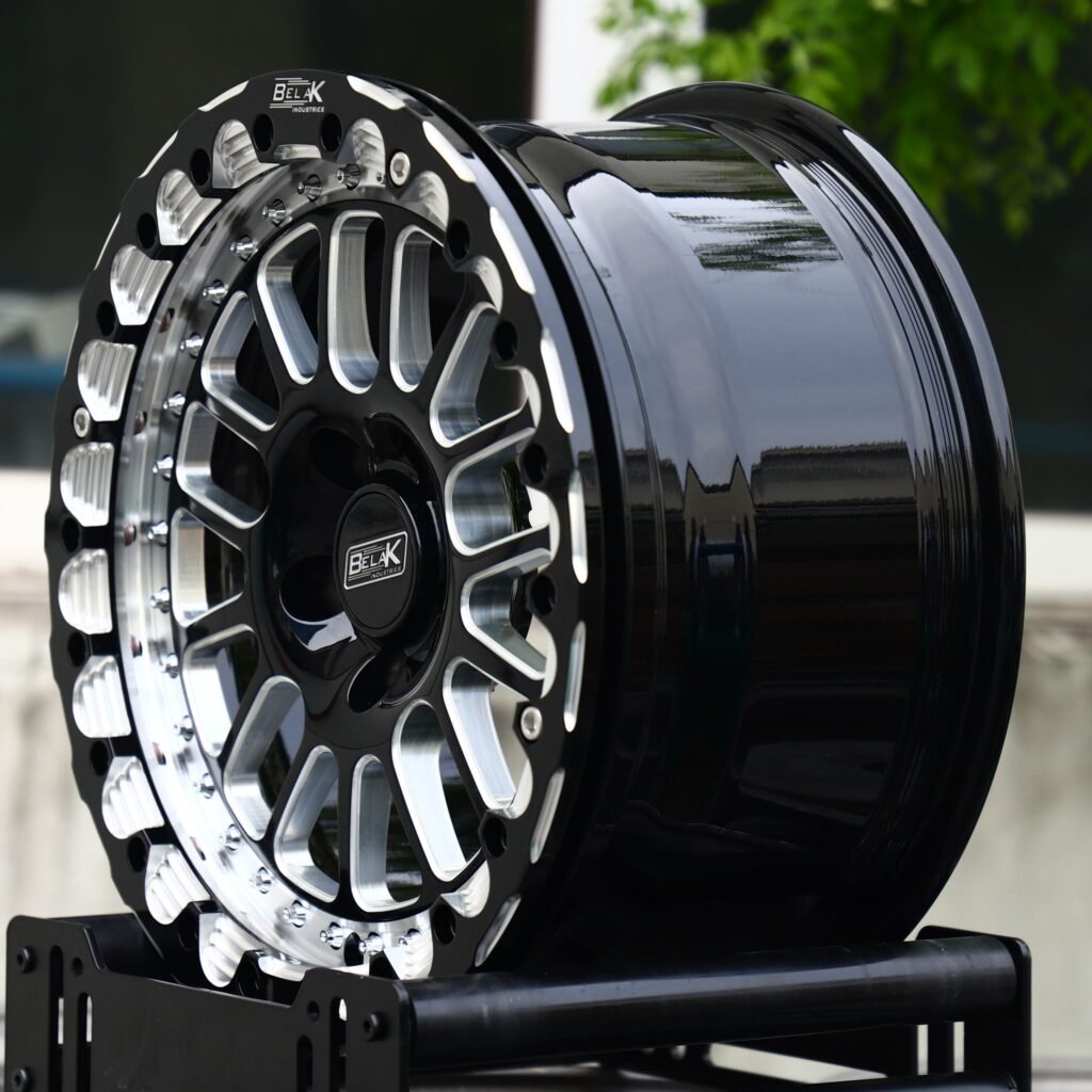 5x114.3 wheels – Gloss Black / Mirror Milled Mesh Beadlock (Belak-Style), side view