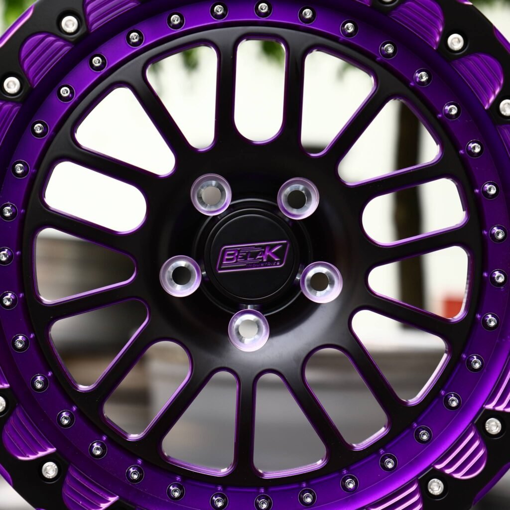 Dodge Charger wheels – Gloss Black / Purple Mesh Beadlock (Belak-Style), lip and barrel detail
