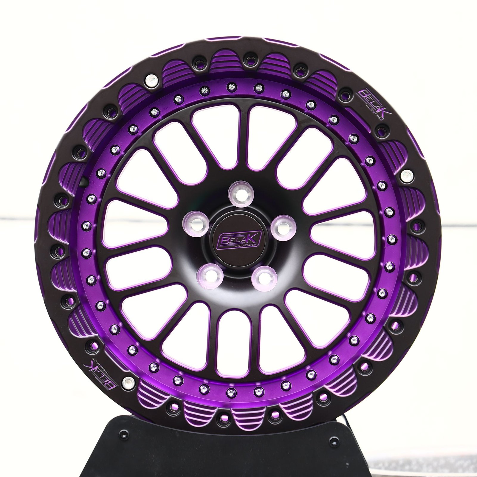 Ford Mustang wheels – Purple / Gloss Black Multi-Spoke Beadlock (Belak-Style), front view