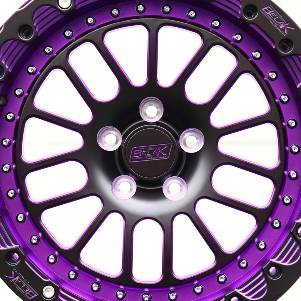 Chevrolet Corvette wheels – Purple / Gloss Black Multi-Spoke Beadlock (Belak-Style), angled view