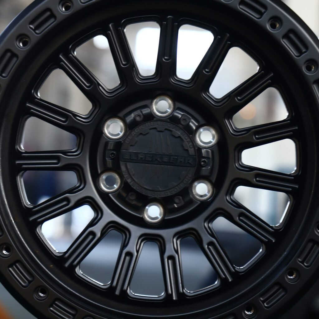 Toyota Tacoma wheels – Black Bear Matte Black Multi-Spoke Beadlock Deep Lip, lip and barrel detail