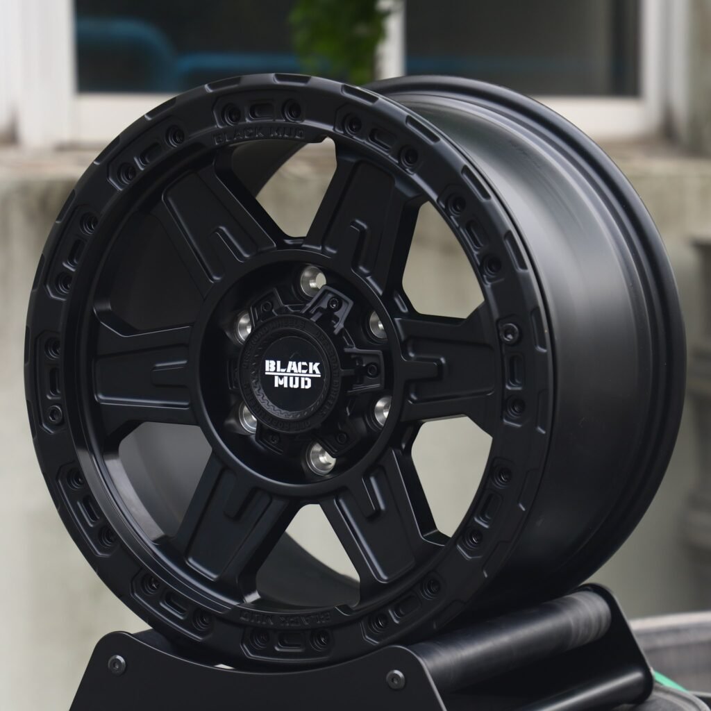 Toyota Tacoma wheels – Black Mud Gloss Black 6-Spoke Beadlock, angled view