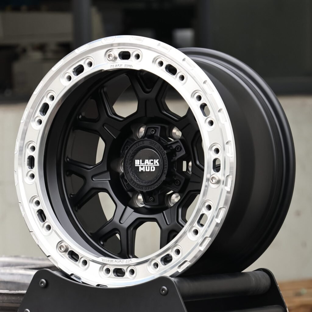 6x139.7 wheels – Black Mud KMC Gloss Black Custom Beadlock, side view