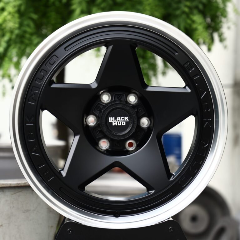 Toyota 4Runner wheels – Matte Black 5-Star Polished Lip (Black Mud-Style), front view