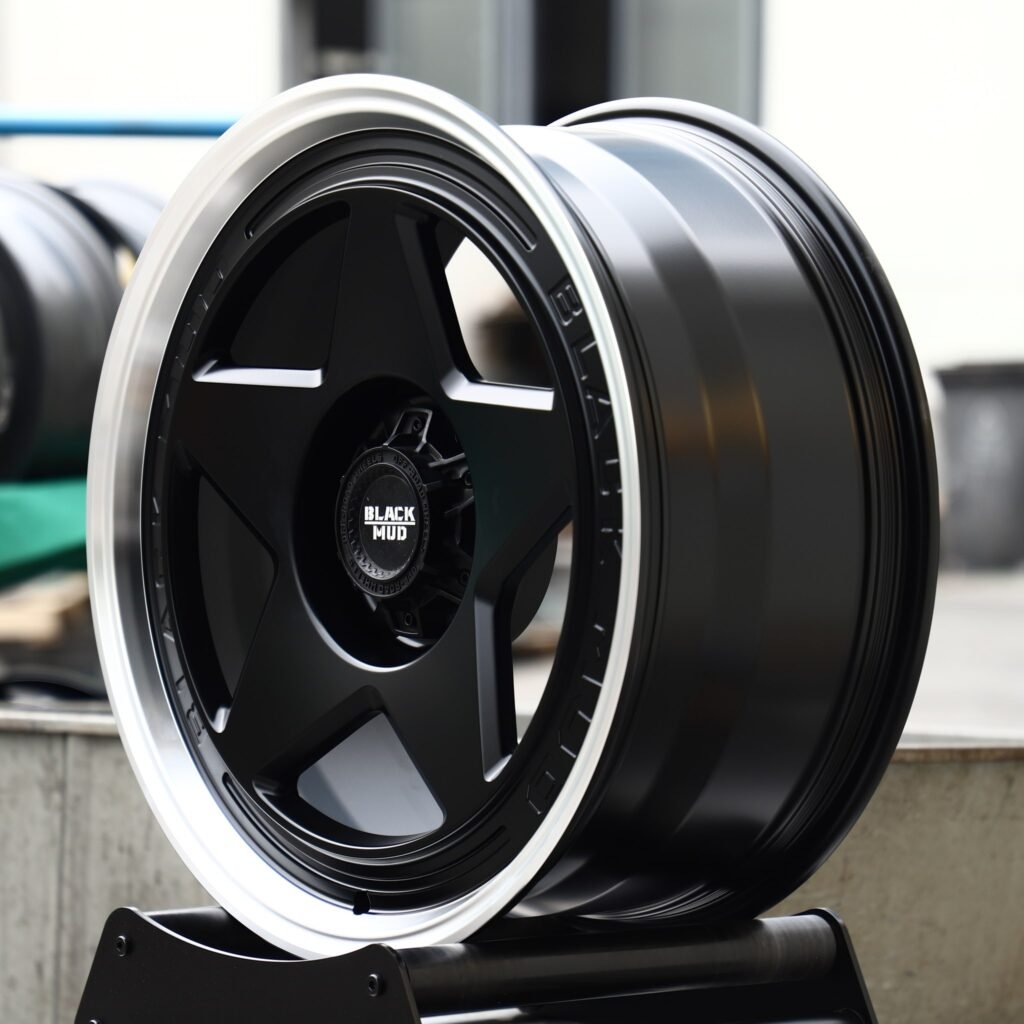 6x139.7 wheels – Matte Black 5-Star Polished Lip (Black Mud-Style), side view