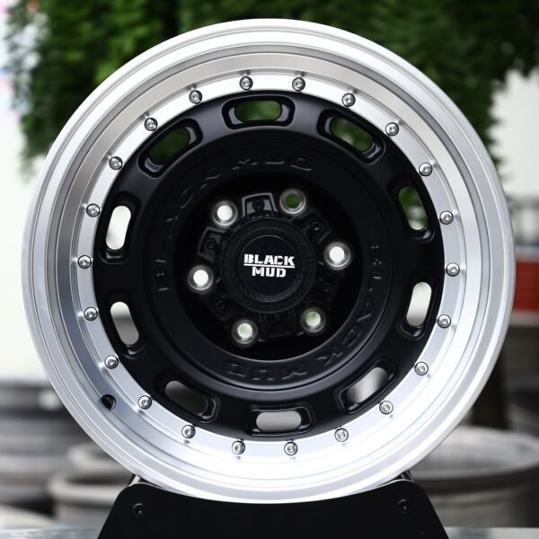 Toyota 4Runner wheels – Matte Black Slotted Dish Polished Riveted Lip (Black Mud-Style), front view