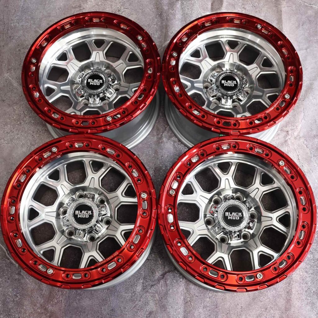 Toyota 4Runner wheels – Black Mud Transparent Red Custom Beadlock, front view