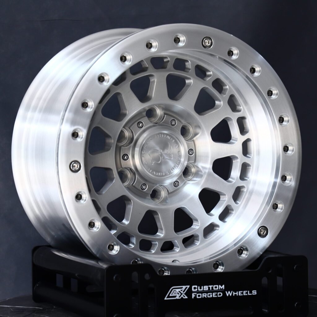 Chevrolet Silverado wheels – Brushed Silver Multi-Spoke Dish Beadlock (Black Rhino-Style), angled view
