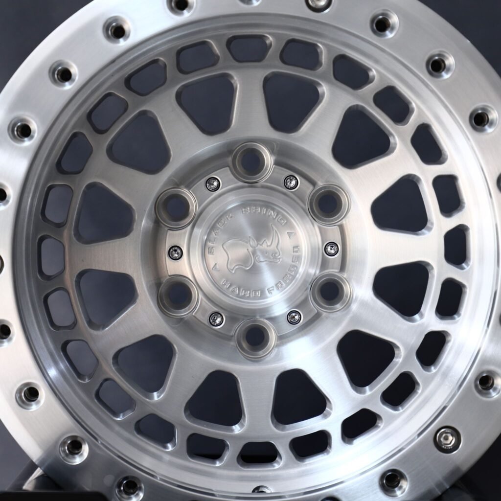Toyota 4Runner wheels – Brushed Silver Multi-Spoke Dish Beadlock (Black Rhino-Style), lip and barrel detail