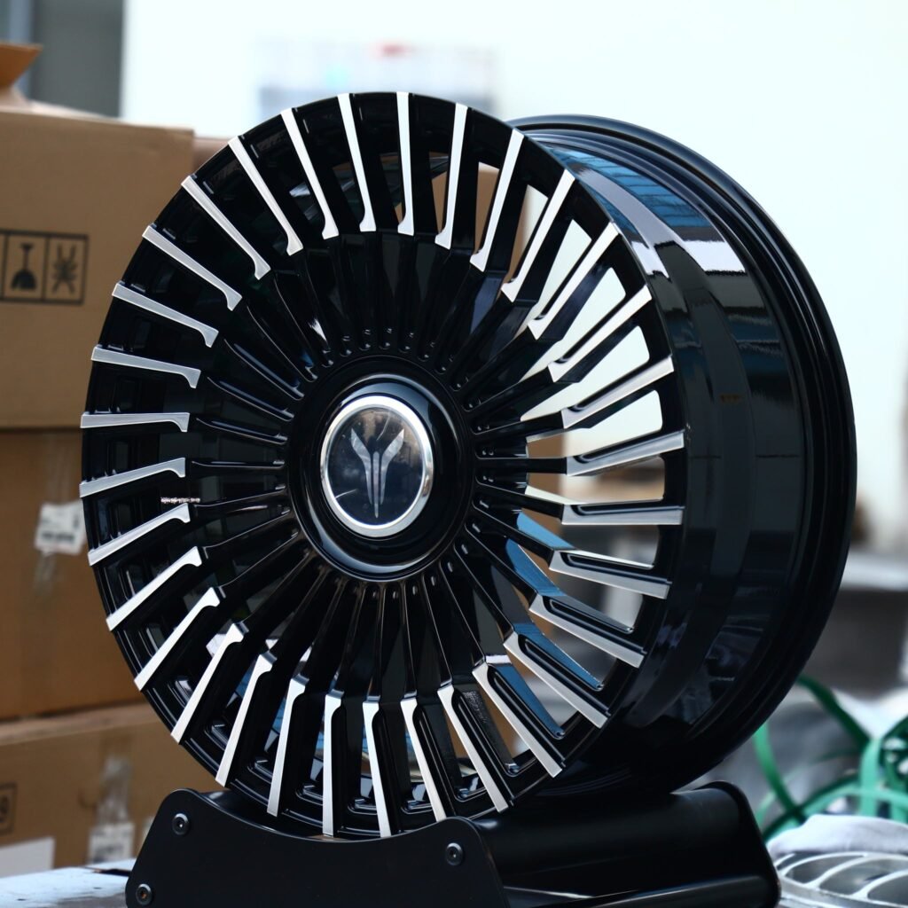 BMW M3 wheels – Blue Multi-Spoke Machined Face, angled view