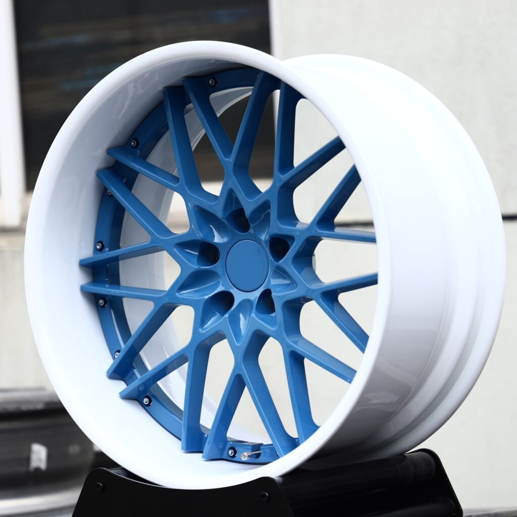 BMW M3 wheels – Blue / Polished Lip Mesh Deep Dish 2-Piece, angled view