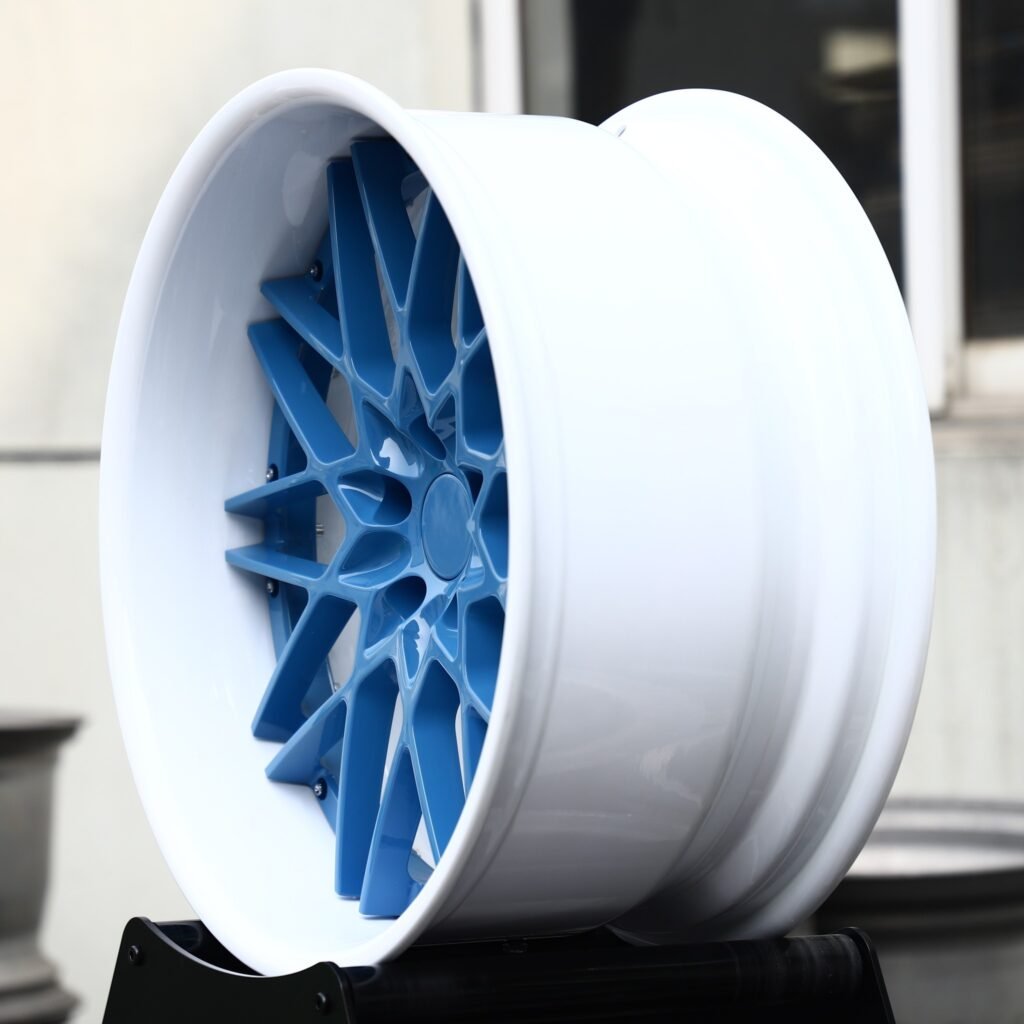 5x130 wheels – Blue / Polished Lip Mesh Deep Dish 2-Piece, side view