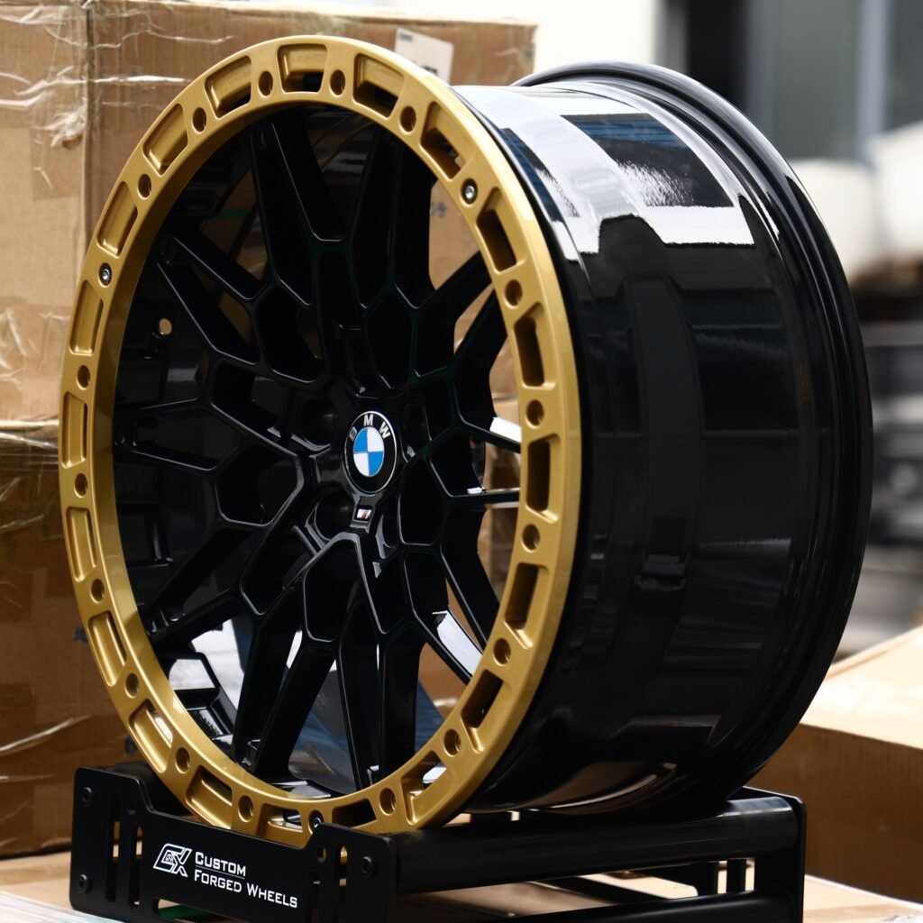 5x120 wheels – Gloss Black Mesh Gold-Ring Beadlock (BMW OEM-Style), side view