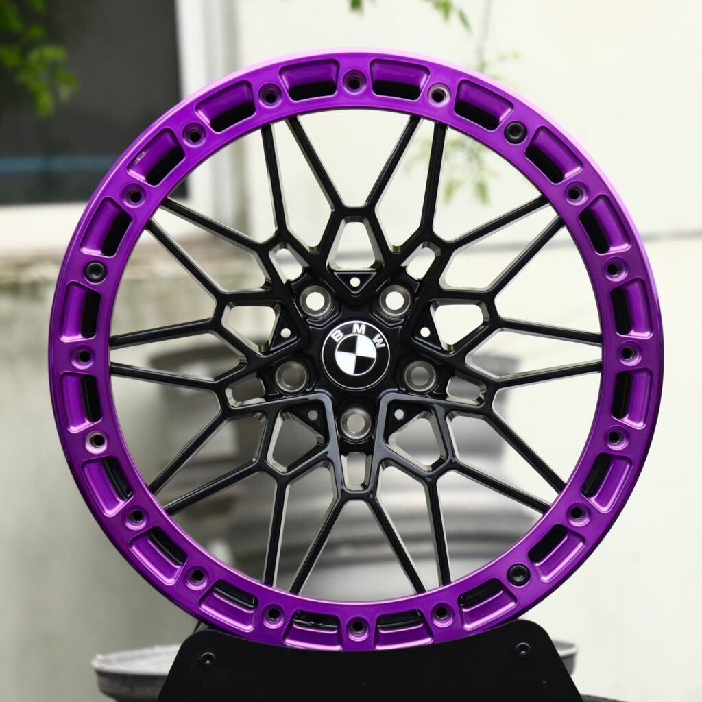BMW M3 wheels – Gloss Black / Purple Mesh Beadlock (BMW OEM-Style), front view