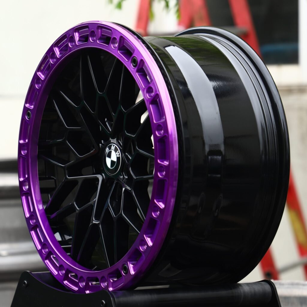 5x120 wheels – Gloss Black / Purple Mesh Beadlock (BMW OEM-Style), side view