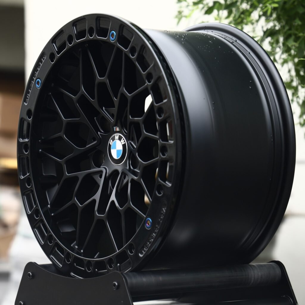5x120 wheels – Matte Black Mesh Blue-Bolt Beadlock (BMW OEM-Style), side view