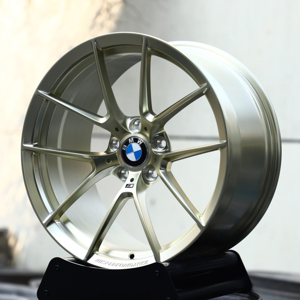 BMW M5 wheels – Polished Transparent Frozen Gold 5 Y-Spoke Concave (BMW OEM-Style), angled view