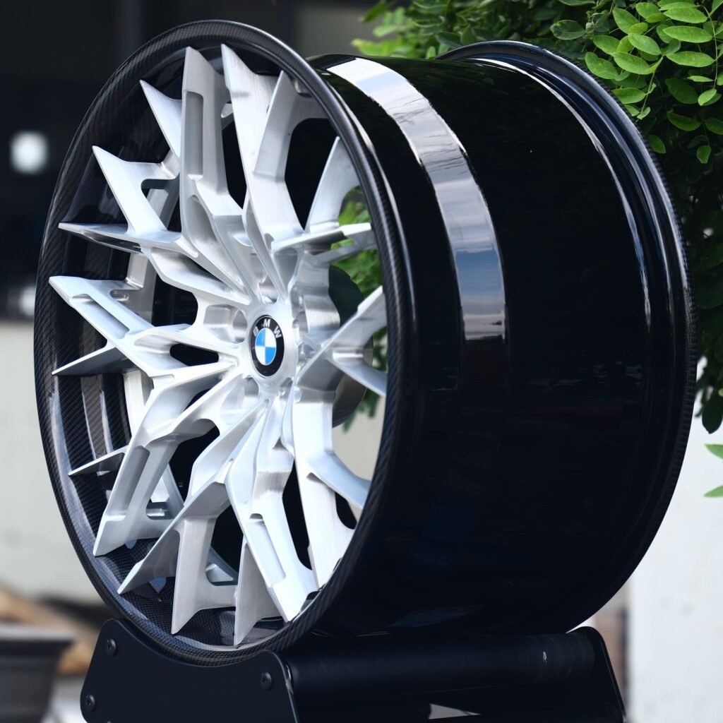 5x120 wheels – Silver / Gloss Black 2-Piece Cross-Spoke Carbon Fibre, side view