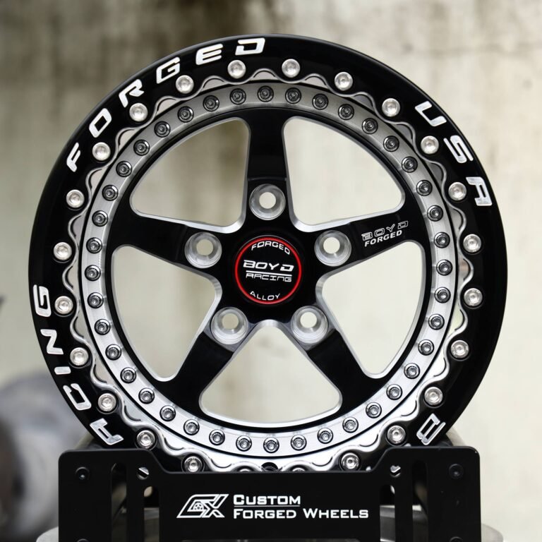 Ford Mustang wheels – Gloss Black / Mirror Milled 5-Spoke Beadlock (Boyd Racing-Style), front view
