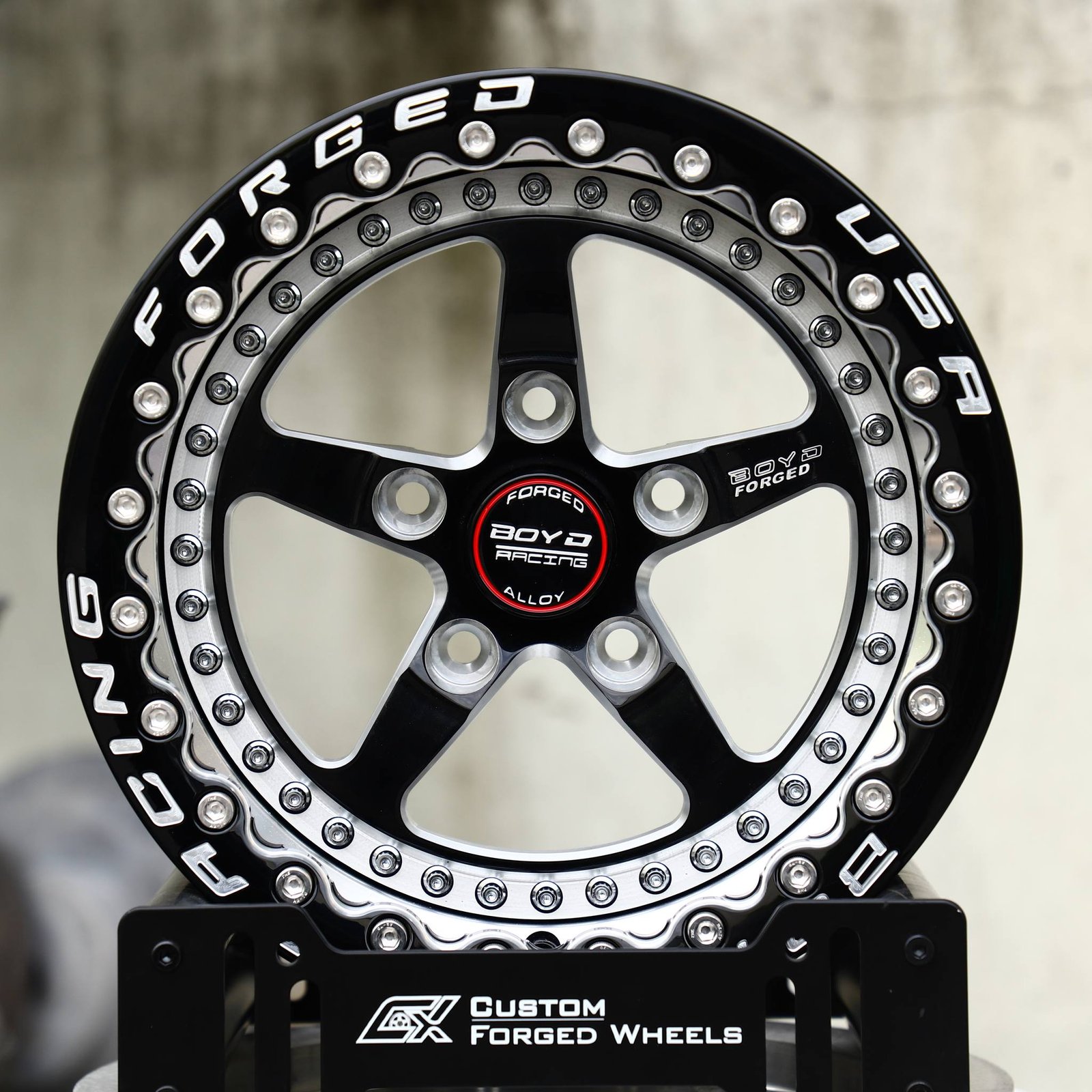 Ford Mustang wheels – Gloss Black / Mirror Milled 5-Spoke Beadlock (Boyd Racing-Style), front view