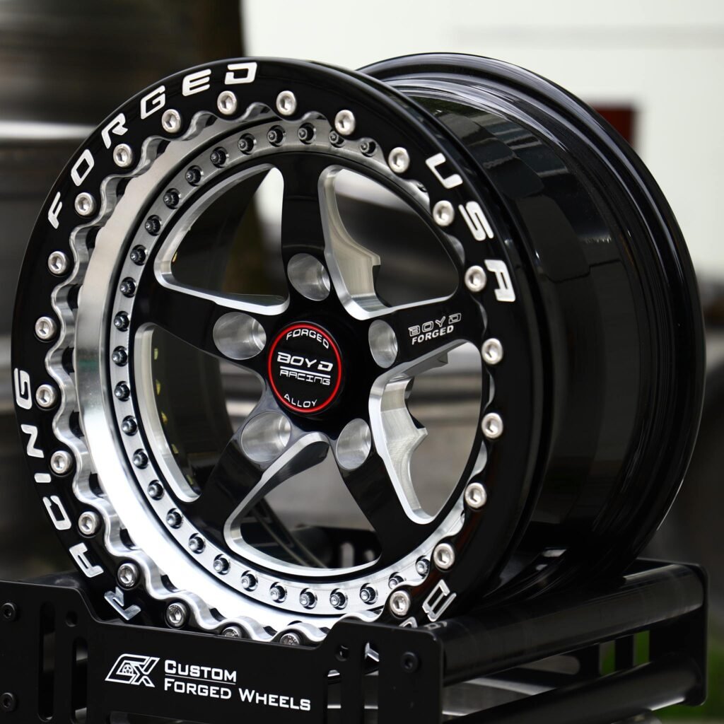 Chevrolet Corvette C7 wheels – Gloss Black / Mirror Milled 5-Spoke Beadlock (Boyd Racing-Style), angled view