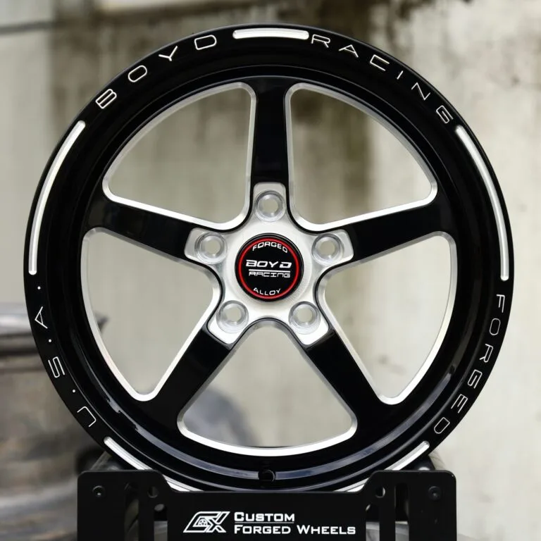 Ford Mustang wheels – Gloss Black / Mirror Milled 5-Spoke (Boyd Racing-Style), front view
