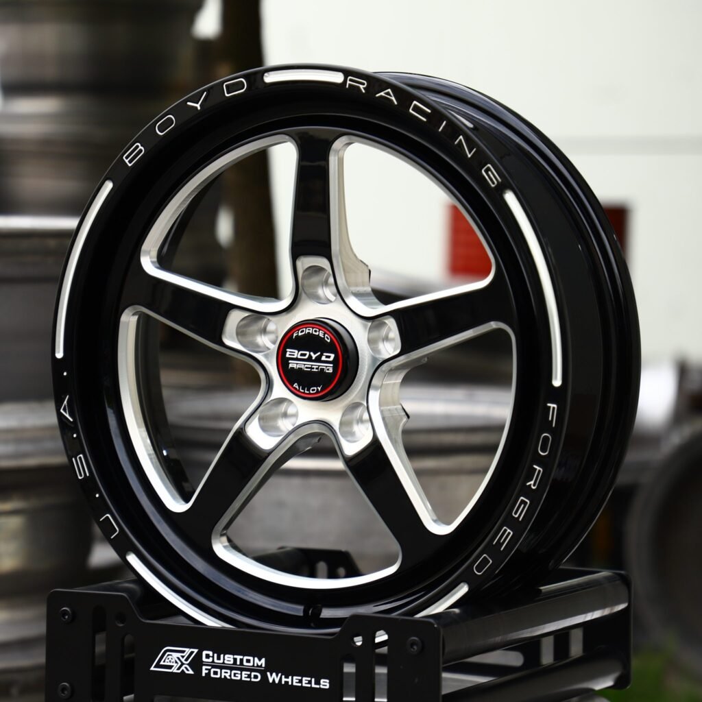 Chevrolet Corvette C7 wheels – Gloss Black / Mirror Milled 5-Spoke (Boyd Racing-Style), angled view