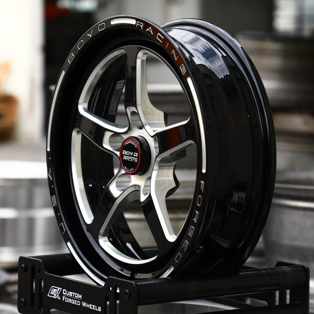 5x114.3 wheels – Gloss Black / Mirror Milled 5-Spoke (Boyd Racing-Style), side view