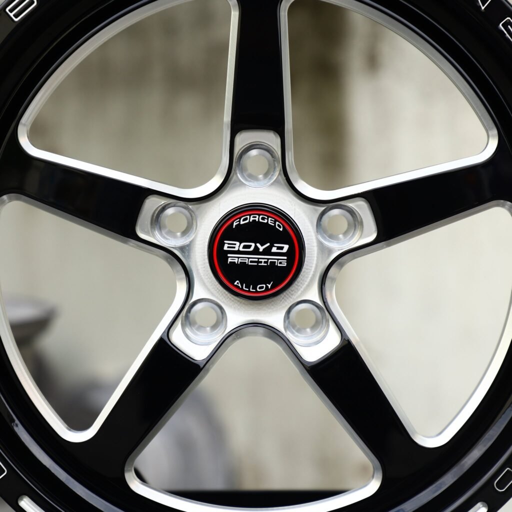 Dodge Charger wheels – Gloss Black / Mirror Milled 5-Spoke (Boyd Racing-Style), lip and barrel detail