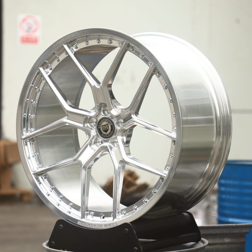 BMW M3 wheels – Bright Silver Faux 2-Piece Riveted (SVE-Style), angled view